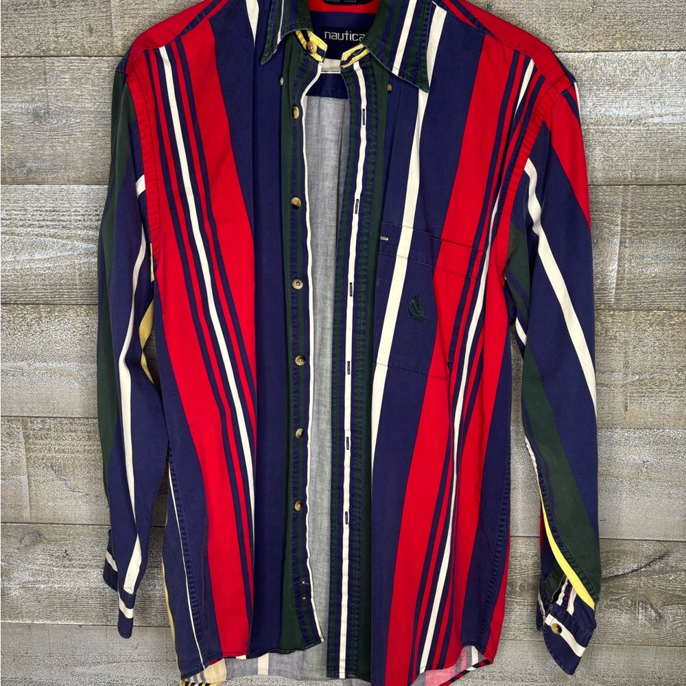 Nautica vintage Men's Striped Shirt - Red and Blue unique colorful